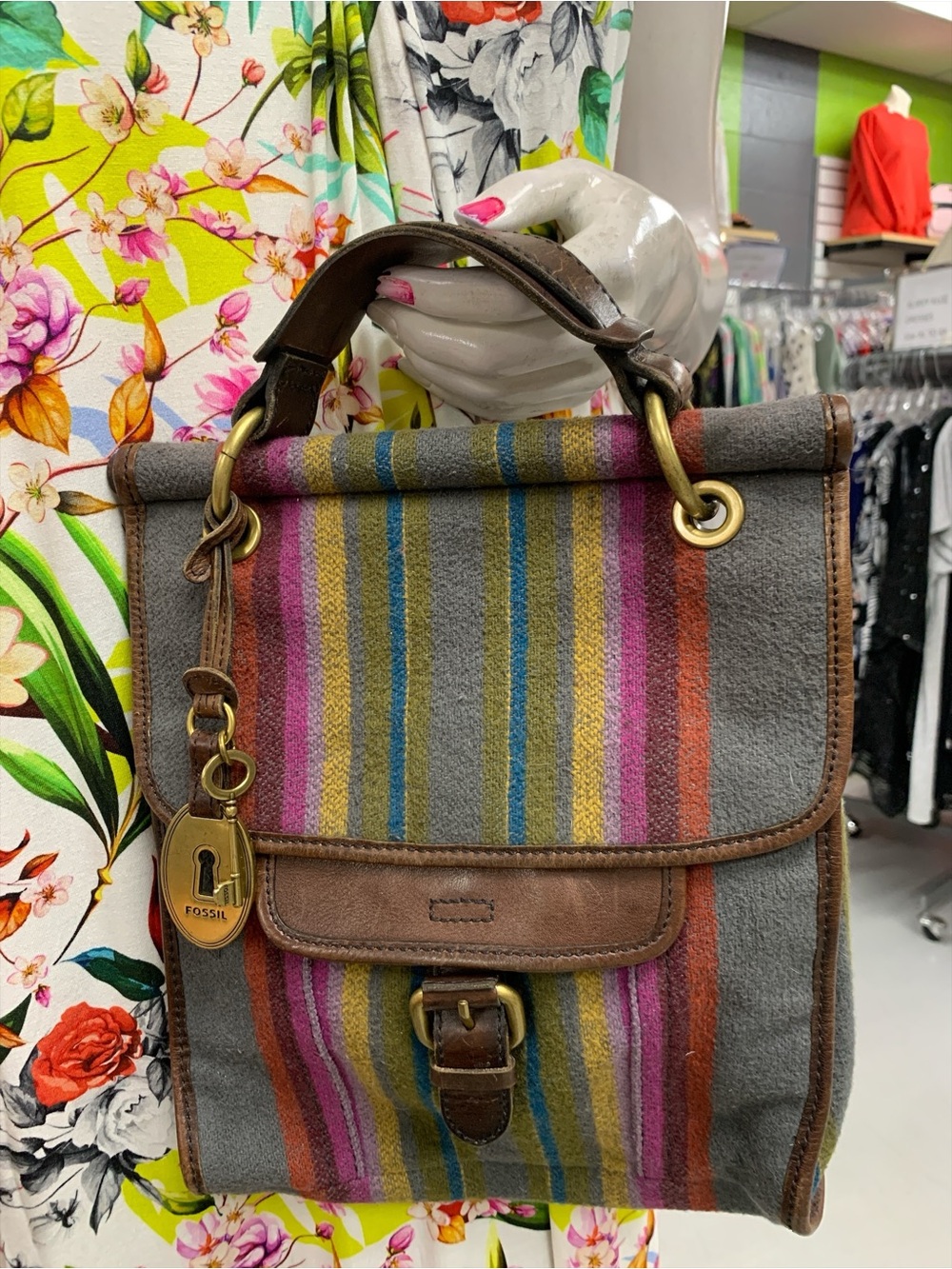 Fossil Gray Canvas Satchel with Pink, Blue, Yellow & Orange Stripes